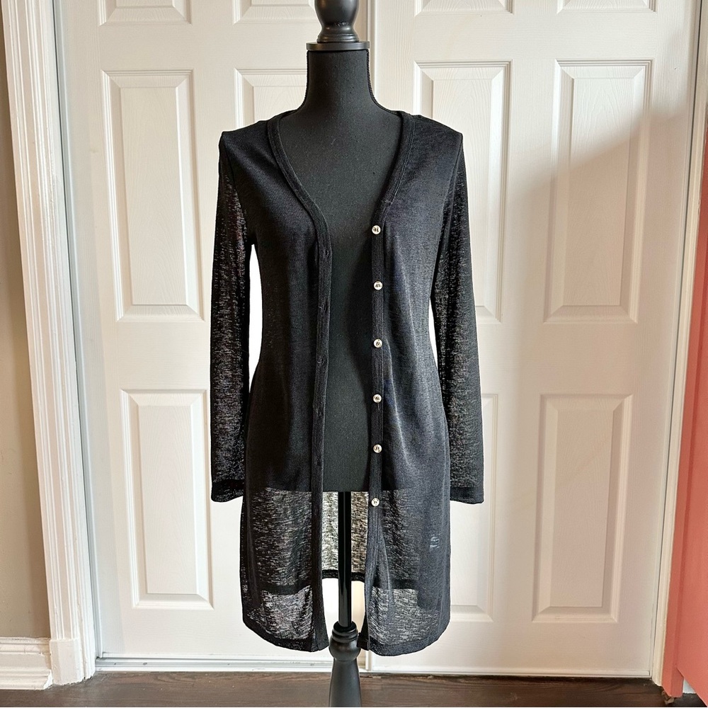 La Miel Black Sheer Knit Tunic Length Long Cardigan Sweater